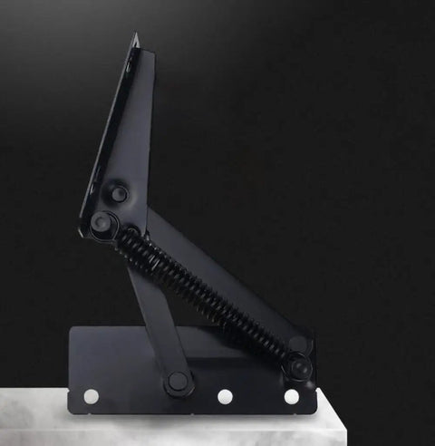 Black Heavy Duty Stainless Steel 80 Degree Foldable Lifting Brackets With Rock Solid Spring Action And Top Shelf Hardware Support For Cabinet Doors And Drawers Two Pack, side view on a surface.