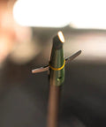 Close-up of 100 Grain Mechanical Broadheads With Two Blade Expandable Design And 2.0 Inch Cutting Diameter Featuring Patented Two Slice Technology.