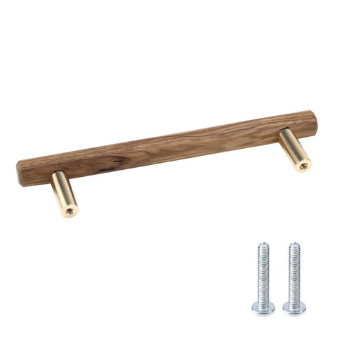 Set Of 4 Wood Drawer Pulls With 5 Inch Center Hole For Dresser Drawers Cabinets Kitchen Wardrobe 6.6 Inch Length 168mm By 15mm By 41mm Includes Screws Durable Wooden Handles For Rustic Modern Furniture shown with two screws for installation.