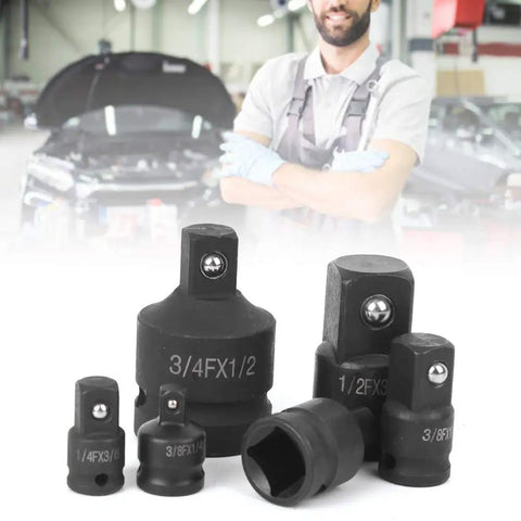 Premium 6 Pc Impact Socket Converter Reducer Adapter Kit With Bolt Hole Locking Design Fits 1/4 3/8 1/2 And 3/4 Inch Drive For Heavy Duty Auto Repair Jobs And Pneumatic Tool Use black chrome moly steel adapters