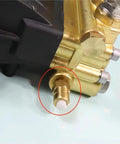 Brass thermal release relief valve for pressure washer; close-up view with white actuator tip.