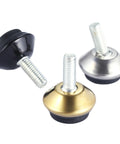 Premium Swivel Furniture Levelers Kick Your Wobbly Table Problems To The Curb Heavy Duty Adjustable Glide Legs in silver, gold, and black.