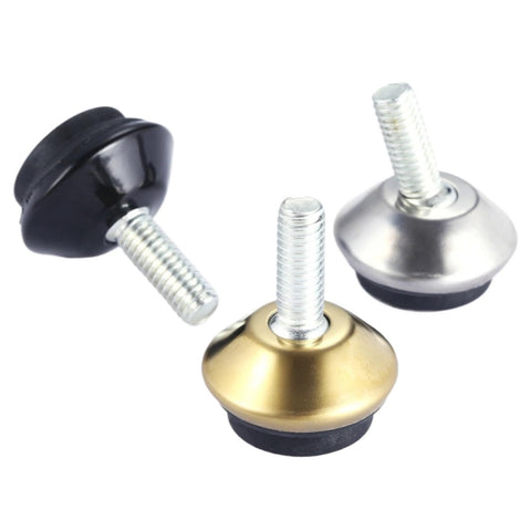 Premium Swivel Furniture Levelers Kick Your Wobbly Table Problems To The Curb Heavy Duty Adjustable Glide Legs in silver, gold, and black.