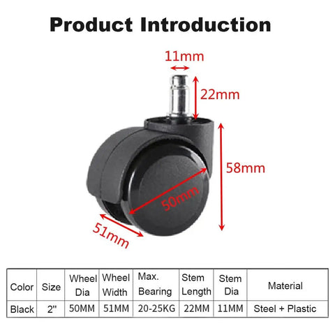 Universal Premium Office Chair Wheels And Quiet Dual Casters With 360 Degree Swivel Heavy Duty Rollers, 50mm diameter, black material.