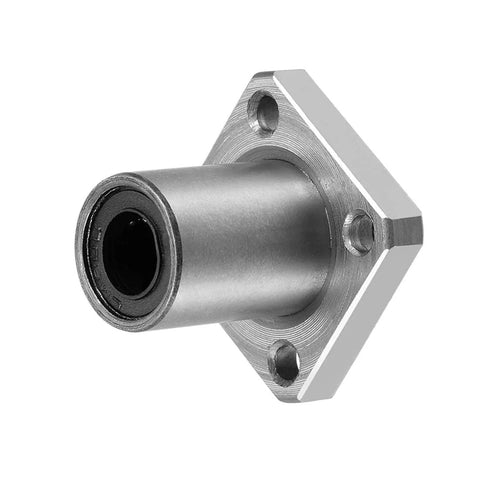 uxcell LMK8UU square-flange linear bearing, front view, 8mm bore, 15mm OD, silver metal