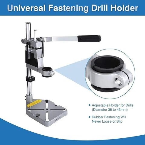 Adjustable Desktop Drill Stand With Universal Bench Clamp and Workbench Support, featuring 38-43 mm collar and rubber fastening, in gray.