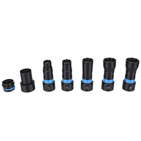 7Pcs Vacuum Hose Adapters Quick Connectors Dust Collection Expansion Kit For Power Tool Sanders featuring black and blue rubber seals.