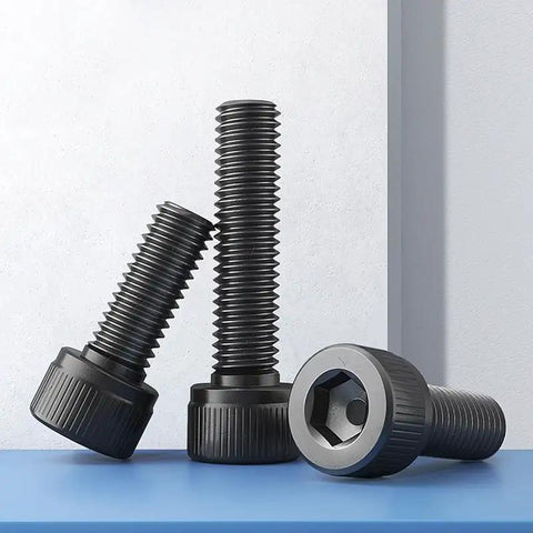 Premium Grade 12.9 Hex Socket Head Cap Screws Rock Solid High Strength Machine Screw Assortment Kit showing three black screws.