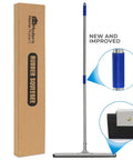 Heavy Duty 55 Inch Floor Squeegee With Wide 22 Inch Silicone Blade And Sturdy Steel Handle, showing packaging and handle details.