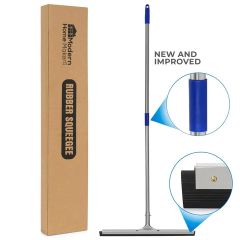 Heavy Duty 55 Inch Floor Squeegee With Wide 22 Inch Silicone Blade And Sturdy Steel Handle, showing packaging and handle details.