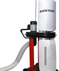 This Badass 1.2 HP Auto Start Dust Collector Kicks Out 750 CFM Of Shop Air For Woodworking Shops rear view with white bag.