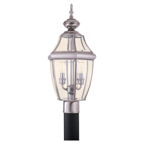 Lancaster Traditional Two Light Outdoor Post Fixture In Antique Brushed Nickel Finish with clear beveled glass