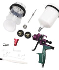 Kick-Butt 1.4mm Air Spray Gun With 1.8mm Nozzle Kit Eases Through Varnishes Primers Paints Without A Sweat Includes 400cc Mixing Cup And 600cc Tank For Smooth-as-Silk Pro Finishes Daily with accessories and spray gun.