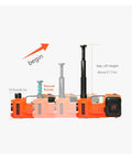 Product showing Badass 5 Ton Electric Floor Jack And 3 In 1 Hydraulic Car Lift Kit dimensions with max lift height and manual rotation feature.