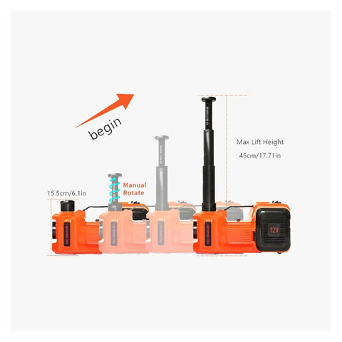 Product showing Badass 5 Ton Electric Floor Jack And 3 In 1 Hydraulic Car Lift Kit dimensions with max lift height and manual rotation feature.