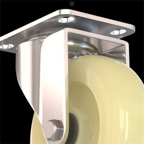 Smooth Operator White Nylon Casters Two Pack Quiet Rolling Furniture Wheels With Secure Brakes Heavy Duty Cart Replacement Quick Swap For Sofas And Pianos Badass Glide close-up of nylon caster wheel with metal bracket