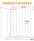 Wide Walk Through Baby Gate For Doorways And Stairs Adjustable 43 To 48 Inch Wide Opening with parts diagram and dimensions.