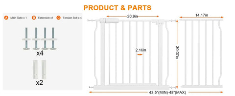 Wide Walk Through Baby Gate For Doorways And Stairs Adjustable 43 To 48 Inch Wide Opening with parts diagram and dimensions.