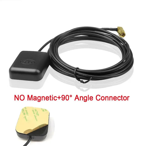 All Weather Waterproof Active GPS Antenna With SMA Male Connector For Car Stereo Head Unit Navigation System Truck Marine Boat GPS Tracker Real Time Tracking Magnetic Or Adhesive Mount 3 Meter Cable, shown with adhesive backing and connector.
