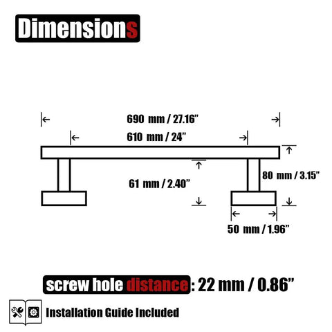 Dimensions diagram for Chrome Towel Bar 27 Inch Built Tough 304 Stainless Steel 0.8mm Tube Wall Mount Towel Holder With Polished Finish
