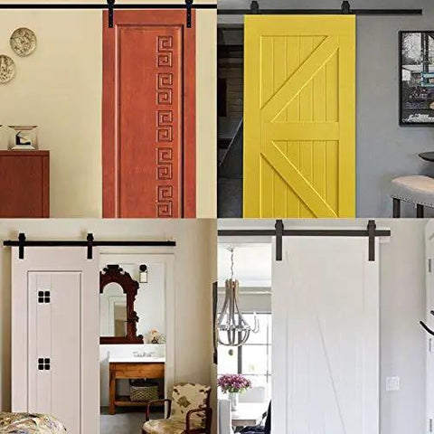 Four different styles of sliding barn doors mounted with the Built Tough Double Bearing Barn Door Pulley Wheel.