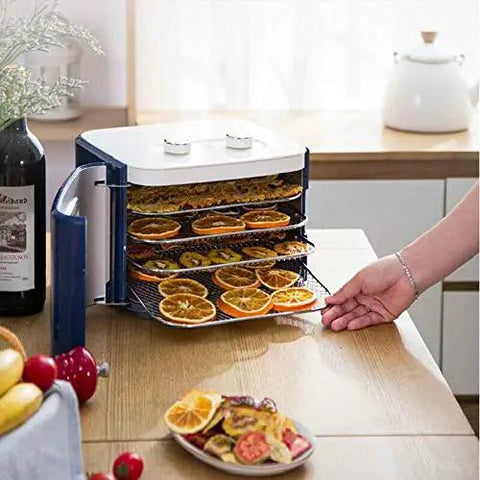 Digital Electric Food Dehydrator With Four Stackable Stainless Steel Trays And Precision Temperature Controls featuring dried fruit.