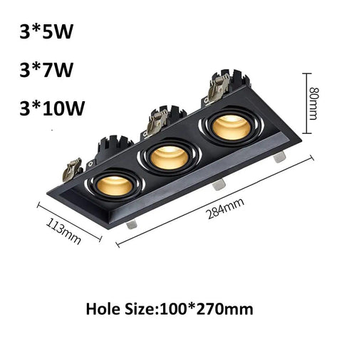 Top Shelf Adjustable Recessed Lighting Kit Featuring Gimbal Eyeball Downlights 15W Square Can with black housing and three LED fixtures.