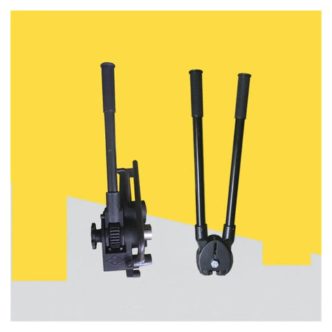 Portable Banding Strapping Tool With Ergonomic Ratchet Handle For Heavy Duty Packaging, black metal, ergonomic twin handles on yellow background