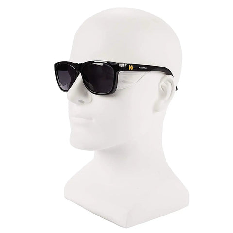 Safety Glasses With Integrated Side Shields 2 Pair Set Smoke Anti Fog Lens Black Frame displayed on mannequin head