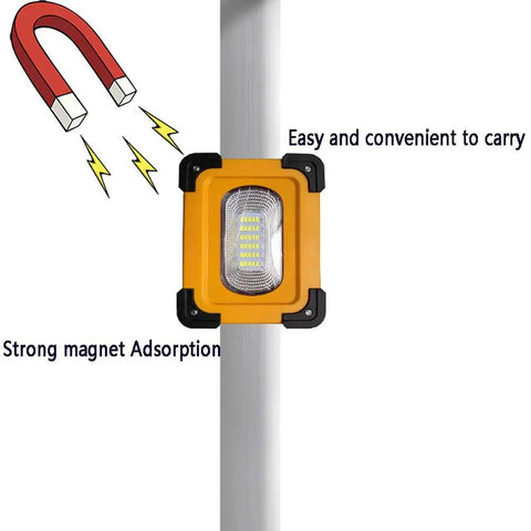 Heavy Duty 60W LED Work Light 15000 Lumens Rechargeable Waterproof Floodlamp with built-in magnetic base mounted on a pole.