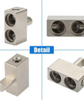 Four Pack Offset 1/0 Gauge Car Audio Power And Ground Reducers For Dual 1/0 To 1/0 Input Aluminum Nickel Plated Heavy Duty Amp Wiring Adapters Compatible With Oversized 1/0 And 2/0 Wire For Install, angled view