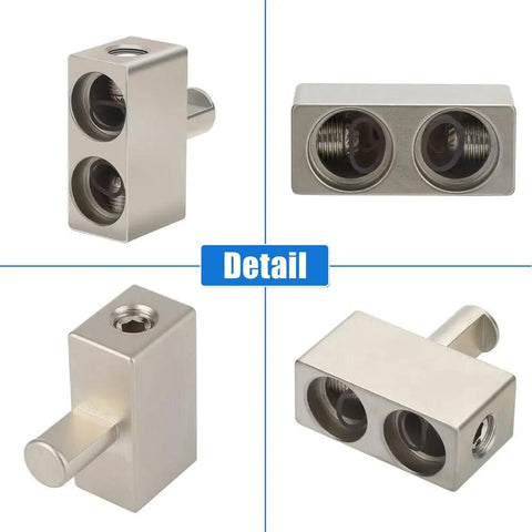 Four Pack Offset 1/0 Gauge Car Audio Power And Ground Reducers For Dual 1/0 To 1/0 Input Aluminum Nickel Plated Heavy Duty Amp Wiring Adapters Compatible With Oversized 1/0 And 2/0 Wire For Install, angled view