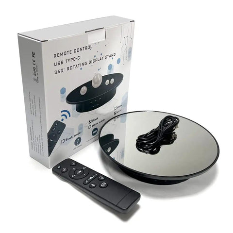 Qinmay 360 Degree Rotating Display Stand With Remote Control And Five PVC Backgrounds, black turntable with remote and USB cable.