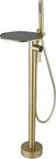 Freestanding Bathtub Faucet Brushed Gold Floor Mount Tub Filler With Handheld Shower And Shelf Single Handle Brass Bath Tap