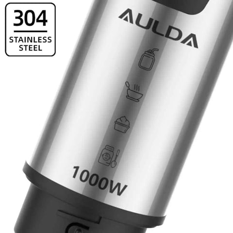 Heavy Duty 1000W Immersion Blender With 20 Speed Settings ergonomic grip made of stainless steel with icons for blending uses.