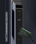 Hassle Free Smart Door Lock With Rock Solid Fingerprint Recognition And Swipe Card Keyless Entry Smooth Brushed Steel Look, close-up of card access.