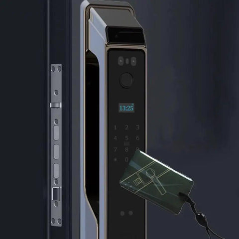 Hassle Free Smart Door Lock With Rock Solid Fingerprint Recognition And Swipe Card Keyless Entry Smooth Brushed Steel Look, close-up of card access.