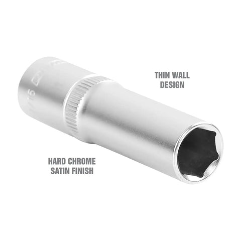 Seven Sixteenths SAE Deep Socket, Three Eighths Inch Drive, Individual Sockets, Thin Wall Deep Well Design For Tight Spots
