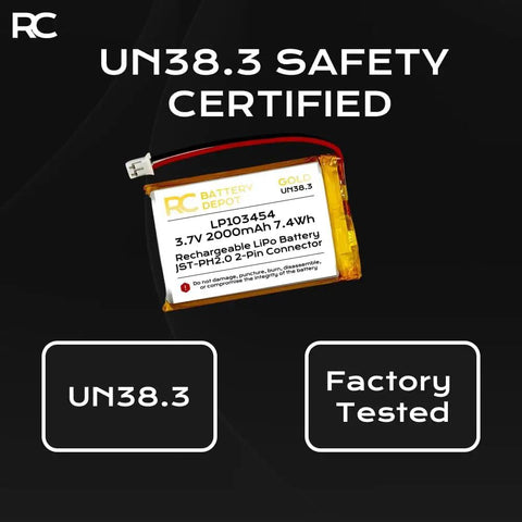 3.7V 2000mAh LiPo Battery Pack With Positive Polarity JST-PH2.0 2-Pin Connector labeled as UN38.3 safety certified