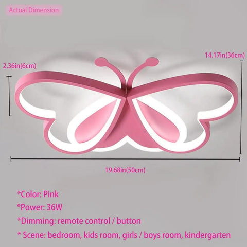 Pink Butterfly LED Ceiling Light Fixture For Kids Room Modern Flush Mount Dimmable With Remote 36W 110V, dimensions shown
