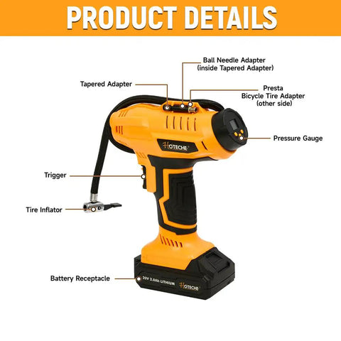 Hoteche 20V Cordless Air Compressor, Portable Tire Inflator With 160Psi Max Pressure And Fast 11L Min Flow Rate, Easy To Stick In Trunk For Car Tires, Bikes, Balls And On The Go Emergency Auto Gear