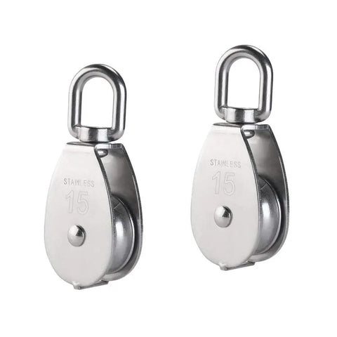 Beefy Heavy Duty Single Pulley Block M15 304 stainless steel, shown in a 2-pack, with swivel top ring, 360-degree view