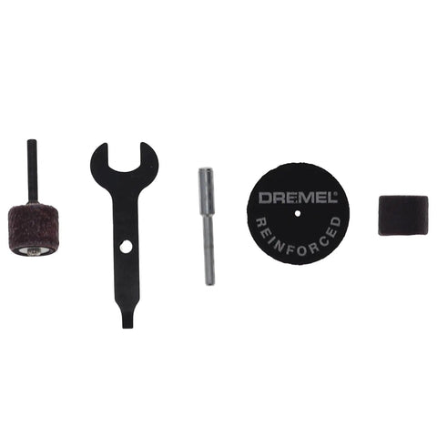 Dremel tool accessories including sanding drum, wrench, and cutting disc for Certified Renewed 12 Volt Cordless Rotary Tool Kit.