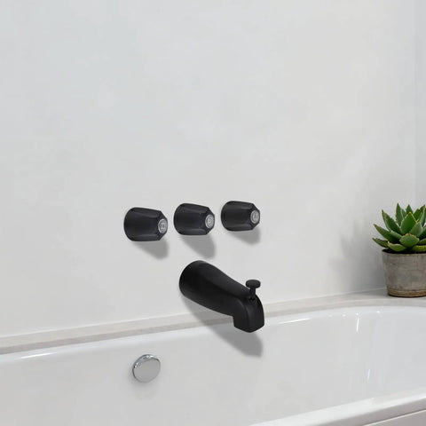 Matte black shower trim kit with three knobs and diverter spout for three-handle tub shower faucets.