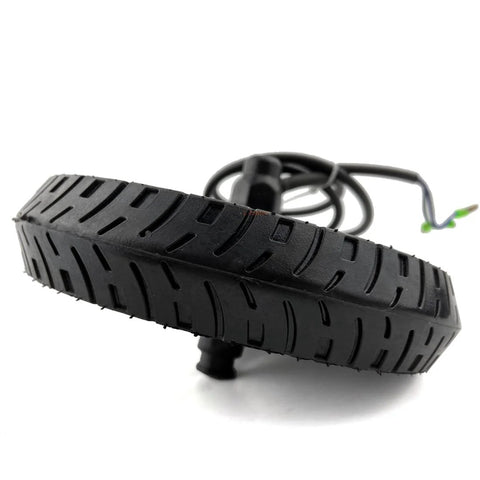 Side view of an 8-inch black scooter wheel with a treaded tire and integrated hub motor