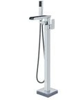 Floor Mount Waterfall Tub Filler Faucet Chrome Finish With Hand Shower Freestanding Bathtub Faucet 360 Degree Swivel Spout