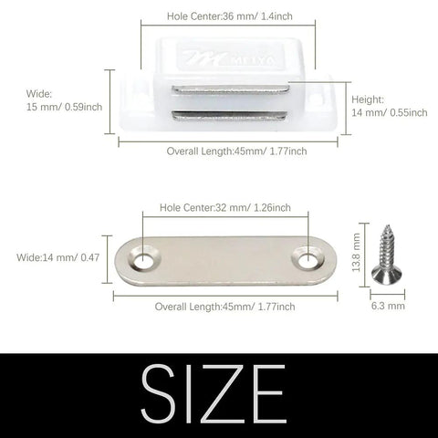 Dimensions of 12 Pack Beefy Magnetic Cabinet Door Catches For Kitchen And Bathroom White 15 Lb Strong Pull Closures with screws.
