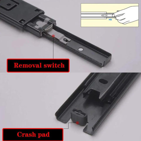 Butter Smooth Full Extension Drawer Slides One Pair Soft Close Ball Bearing Side Mount Runners showing removal switch and crash pad details.