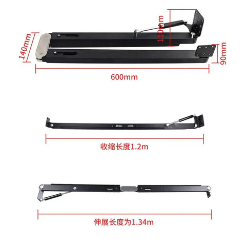 Beefy 80KG Heavy Duty Hidden Desk Hinge showing dimensions and fold down mechanism in black aluminum alloy and cold rolled steel