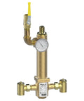 Heavy Duty Piped Thermostatic Ball Valve With Integrated Thermometer ASSE 1017 Certified with gauge, brass construction, 3/4 inlet, 1 outlet.